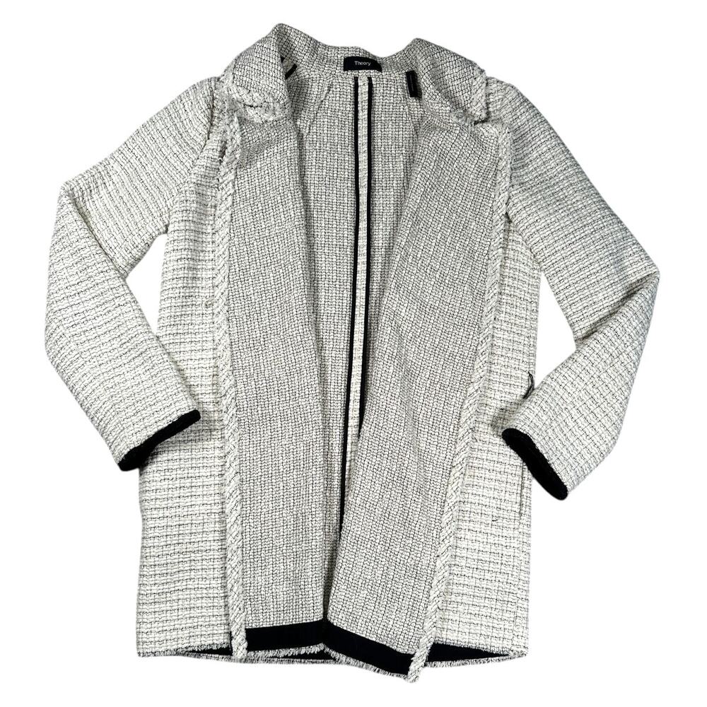 Theory Clairene Carson Belted Tweed Jacket Cardigan S Cream Black Open Front